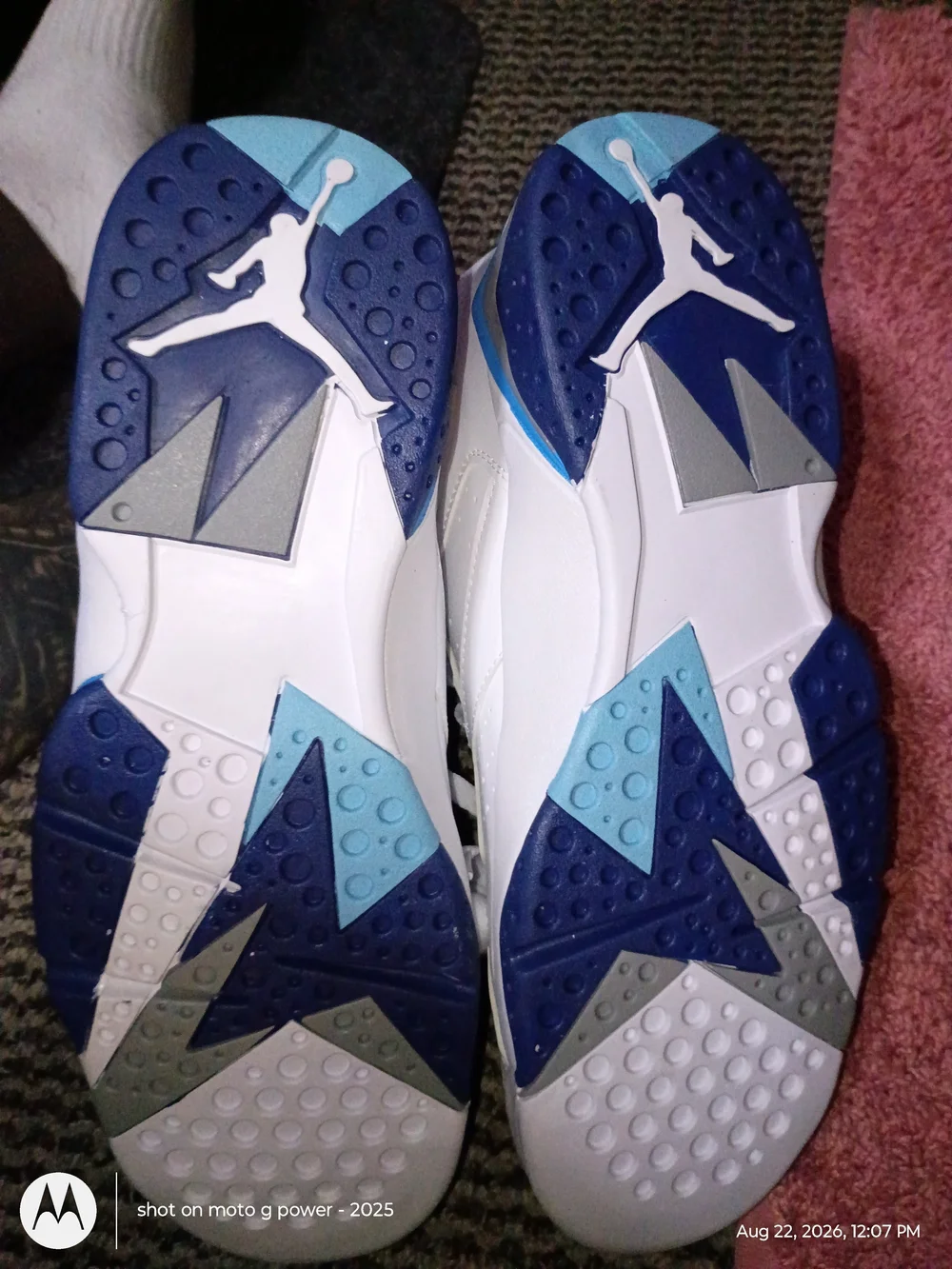 Men's Jordan 7s White and Blue High-Top Basketball Sneakers